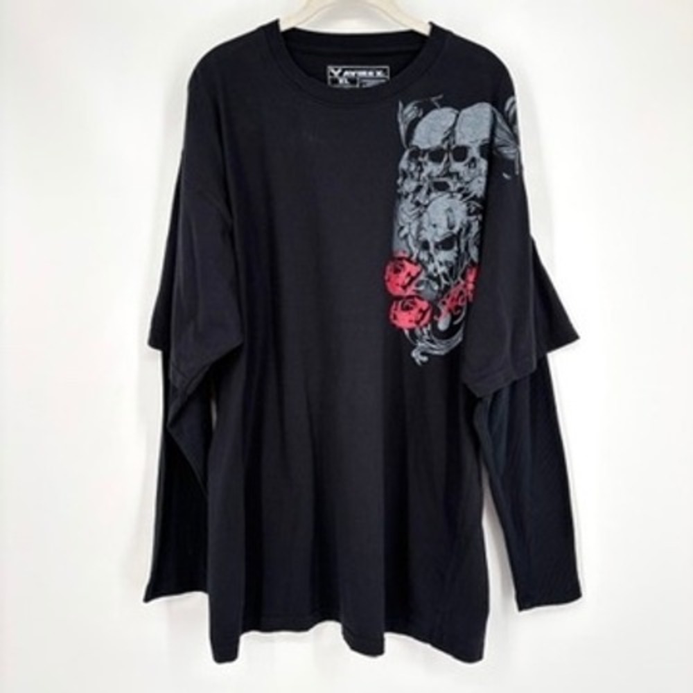 Avirex Black Skull Roses Graphic Long Sleeve Layered Double Sleeve Shirt Size XL